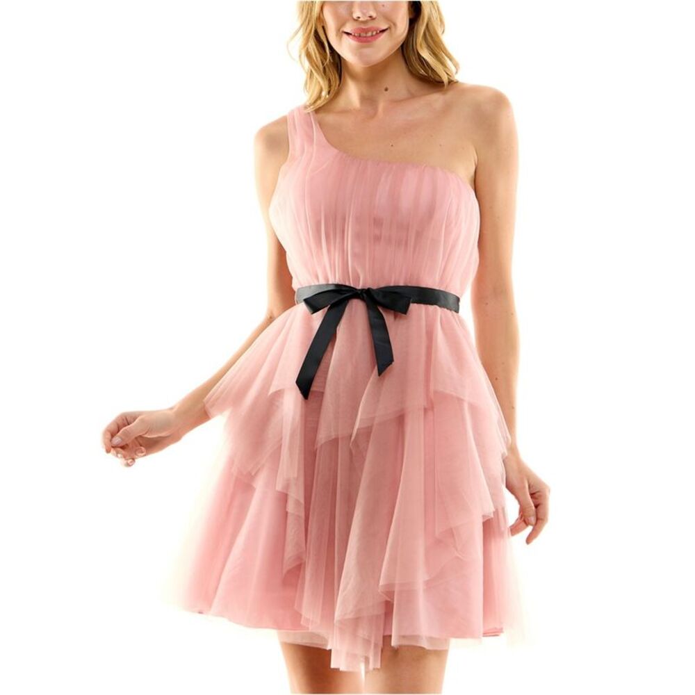 City Studio Womens Belted Tiered One Shoulder Dress, Pink, Juniors, 1/2, MP